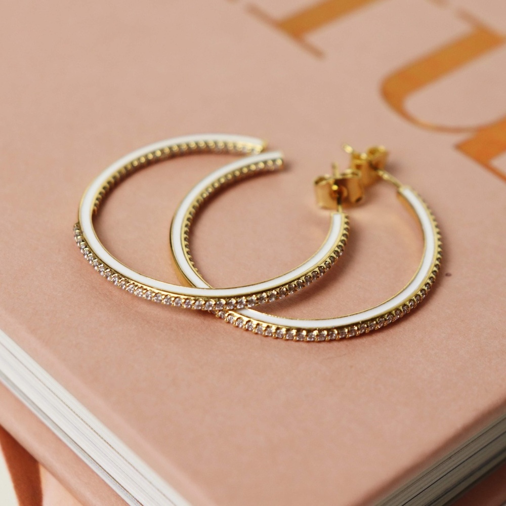 Large Cubic Zirconia Hoops with White Enamel Detailing
